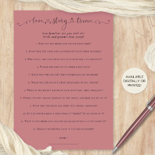Invitation Love Story Trivia Fête des mariées Pink Game Card