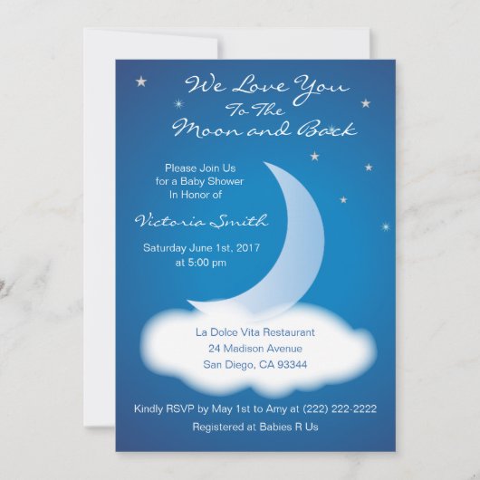 Invitation Love You to the Moon and Back Baby Shower - Bleu (Devant)