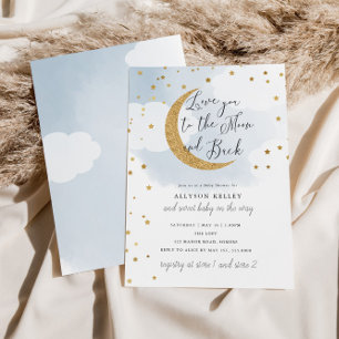 Invitation Love You to the Moon, Gold Stars Baby shower bleu