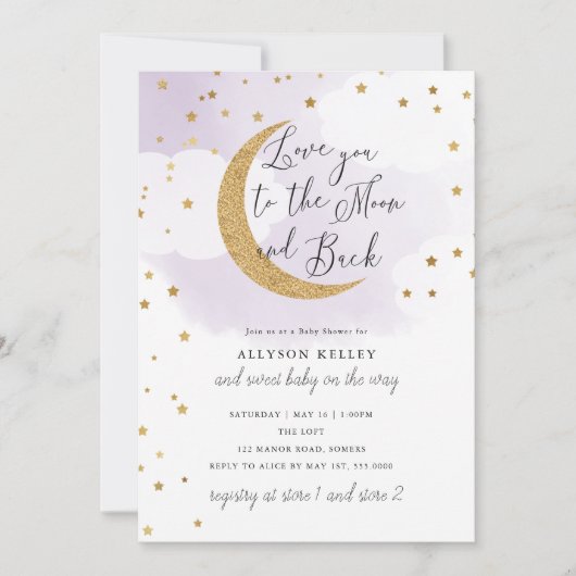 Invitation Love You to the Moon Gold Stars Purple Baby shower (Devant)