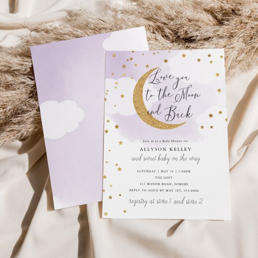 Invitation Love You to the Moon Gold Stars Purple Baby shower