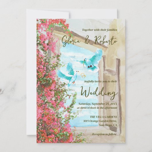 Invitation Lovebirds Turquoise Rustique Bougainvillea Mariage (Devant)