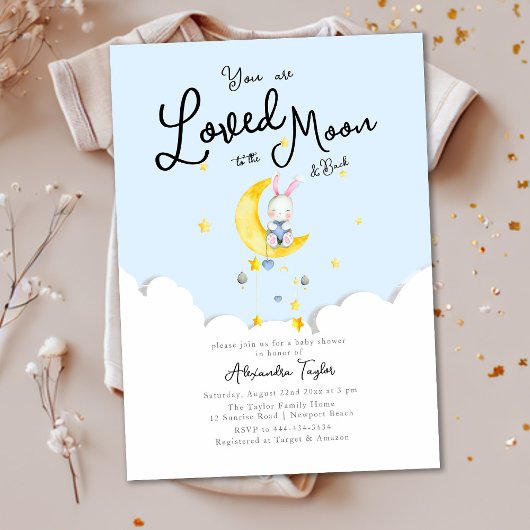 Invitation Loved to the Moon Rabbit Heart Boy Baby shower