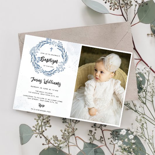 Invitation Lovely Blue Florals Baptism Photo