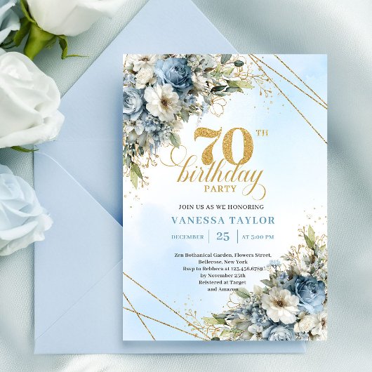 Invitation Lovely bohemian blue florals gold frame 70th bday
