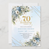 Invitation Lovely bohemian blue florals gold frame 70th bday (Devant)