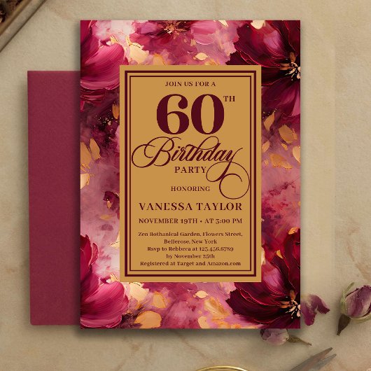 Invitation Lovely Burgundy Blush Gold Style 60th Birthday  