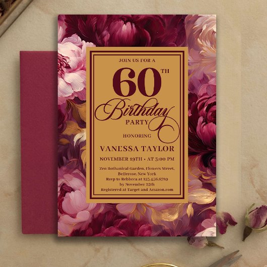 Invitation Lovely Burgundy Blush Gold Style 60th Birthday  
