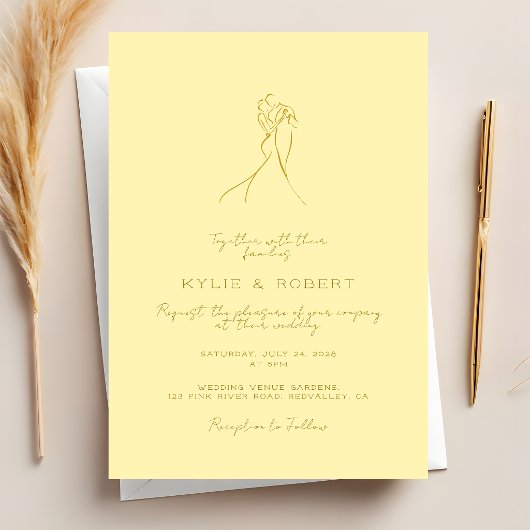 Invitation Lovely Couple Drawn Script Butter Yellow Wedding