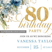 Invitation Lovely Dusty Blue Floral Gold 80th Birthday Invite