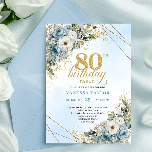 Invitation Lovely Dusty Blue Floral Gold 80th Birthday Invite