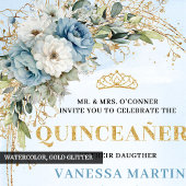 Invitation Lovely Dusty Blue Gold Greenery Quinceañera Invite