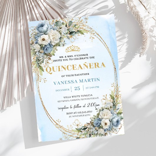 Invitation Lovely Dusty Blue Gold Greenery Quinceañera Invite