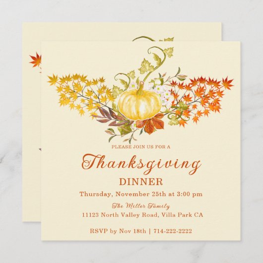 Invitation Lovely Fall Citrouille et Fall Leaves (Devant / Derrière)