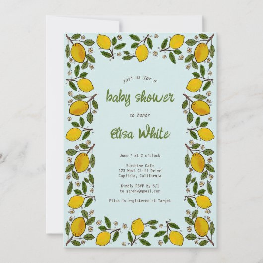 Invitation Lovely Lemons Rustic CUSTOM Code QR BABY SHOWER (Devant)