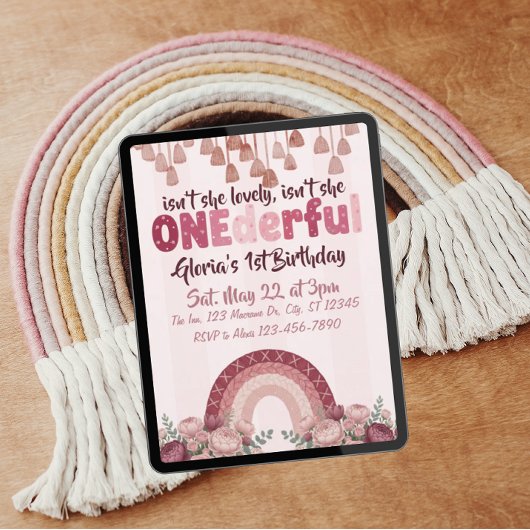 Invitation lovely, ONEderful, dusty rose rainbow 1st Birthday