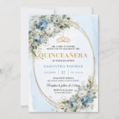Invitation Lovely Pastel Blue Gold Eucalyptus Quinceañera  (Devant)