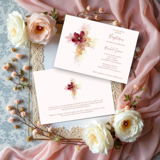 Invitation Lovely Pink Shades Floral Cross-Shape Baptism