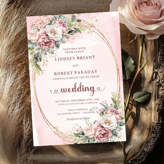 Invitation Lovely Rose Gold Blush Floral Greenery Wedding 