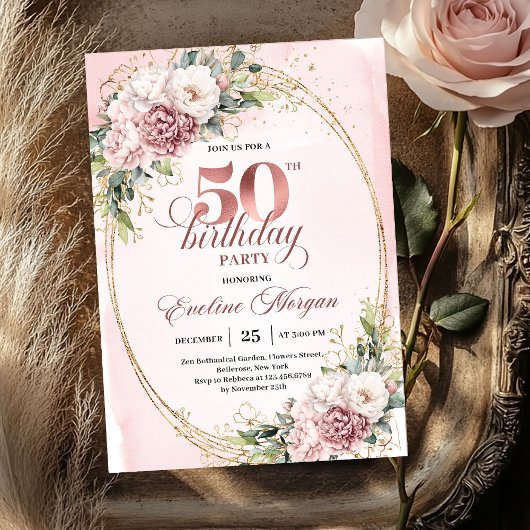 Invitation Lovely Rose Gold Blush Flowers 50th Birthday Party