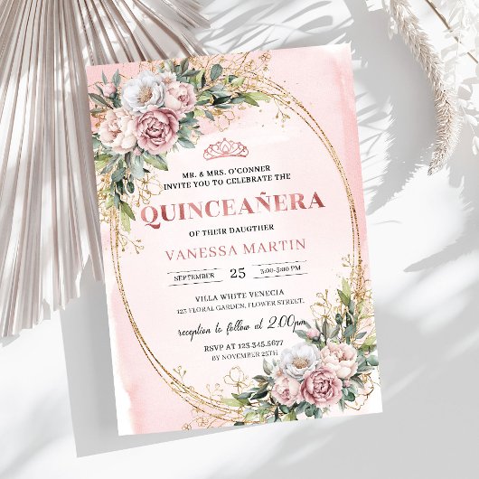Invitation Lovely Rose Gold Flowers Eucalyptus 15th Birthday