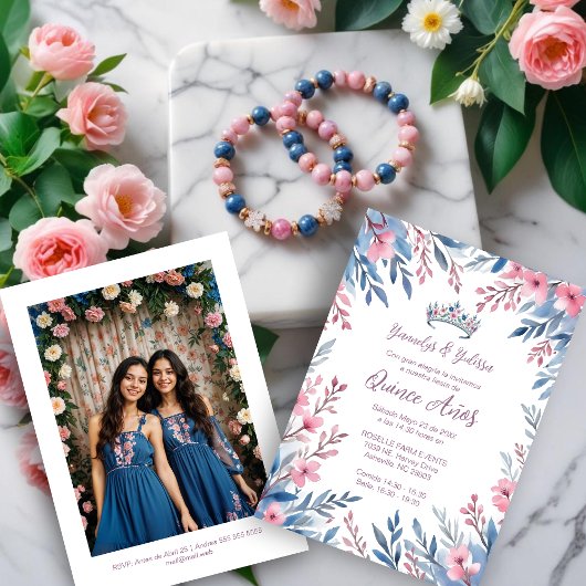 Invitation Lovely Twins Botanical Frame Tiara Spanish Photo