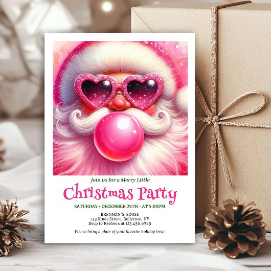 Invitation Lovely Watercolor Pink Santa Bubble Gum Christmas