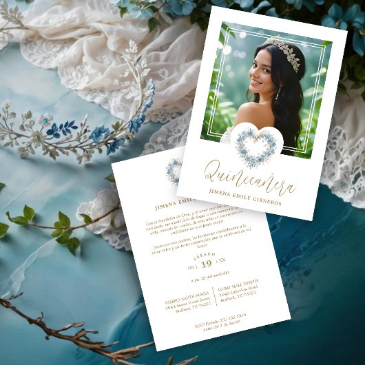Invitation Lovely XVs Floral Blue & Gold Heart Shape Wreath