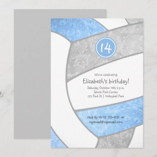Invitation lt bleu gris volleyball filles fête sportive (Devant / Derrière)