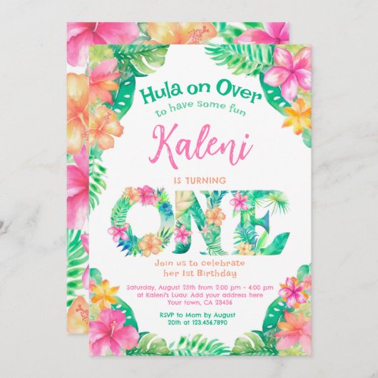 Invitation Luau 1er anniversaire (Devant / Derrière)