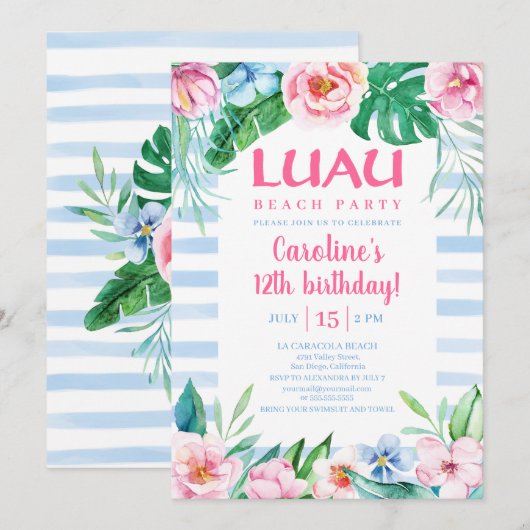 Invitation Luau Beach Party Tropical Floral Hawaiian Annivers (Devant / Derrière)
