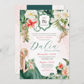 Invitation Luau Emerald Island Tropical Quinceanera Floral (Devant / Derrière)