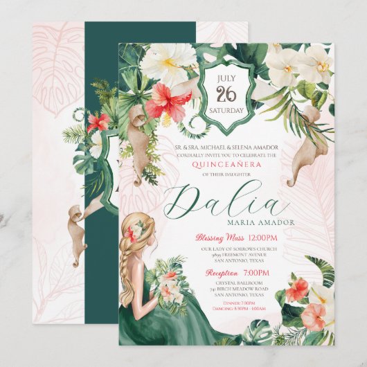Invitation Luau Emerald Island Tropical Quinceanera Floral (Devant / Derrière)