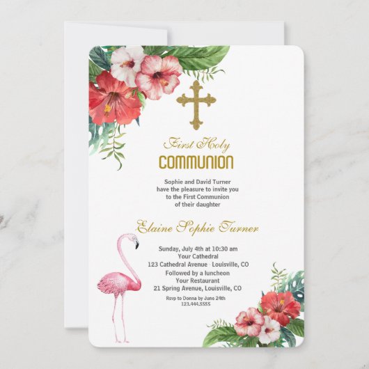Invitation Luau Flamant rose Communion tropicale florale (Devant)