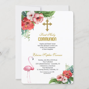 Invitation Luau Flamant rose Communion tropicale florale