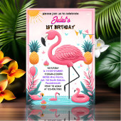 Invitation Luau Fly Pink Flamant rose Pool Party 1er annivers