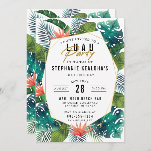 Invitation Luau Party Gold moderne Tropical Hawaiian Annivers (Devant / Derrière)
