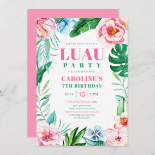Invitation Luau Party Tropical Rose Floral Hawaiian Anniversa