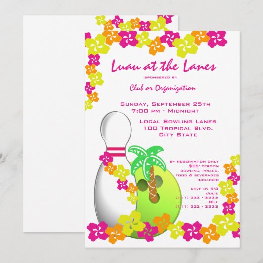 Invitation Luau Theme Bowling (Devant / Derrière)