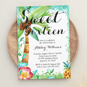 Invitation Luau Tropical Aquarelle Faux Pailleté Sweet 16