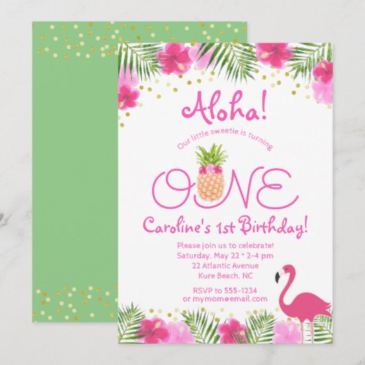Invitation Luau Tropical Floral Girl 1er anniversaire (Devant / Derrière)