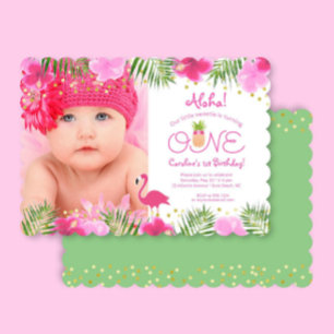 Invitation Luau Tropical Floral Photo Girl 1er anniversaire