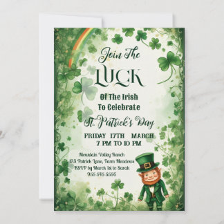 Invitation Luck Of Irish Shamrocks Rainbow Leprechaun Funky