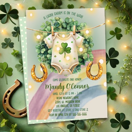 Invitation Lucky Charm Shamrock et Baby shower Rainbow