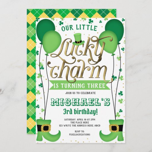 Invitation Lucky Charm, St Patrick's Day, Anniversaire (Devant / Derrière)