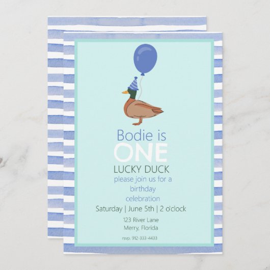 Invitation Lucky Duck 1er anniversaire (Devant / Derrière)