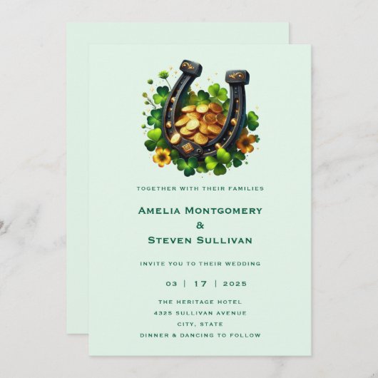 Invitation Lucky Horseshoe Gold Coins et Clover Mariage (Devant / Derrière)