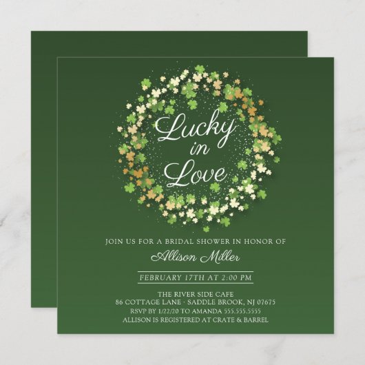 Invitation Lucky in Love Golden Shamrocks Fête des mariées (Devant / Derrière)