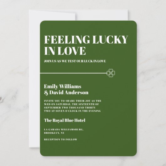 Invitation Lucky in Love Green Four Leaf minimaliste Mariage (Devant)