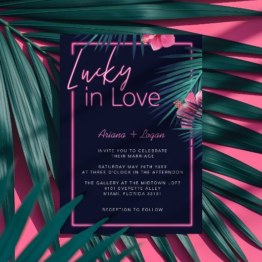 Invitation Lucky In Love Neon Pink Tropical Retro Mariage